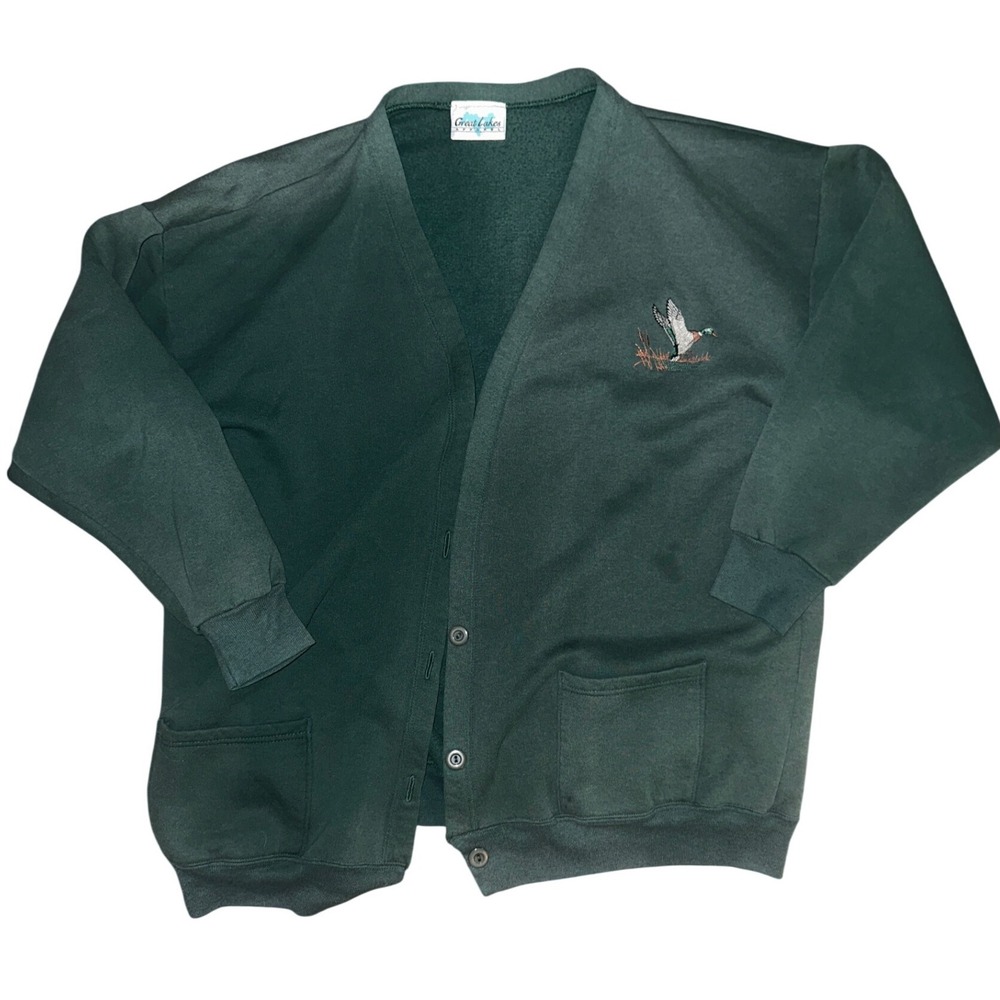 Great Lakes Apparel Green Cardigan Sweatshirt Embroidered Mallard Duck Men L